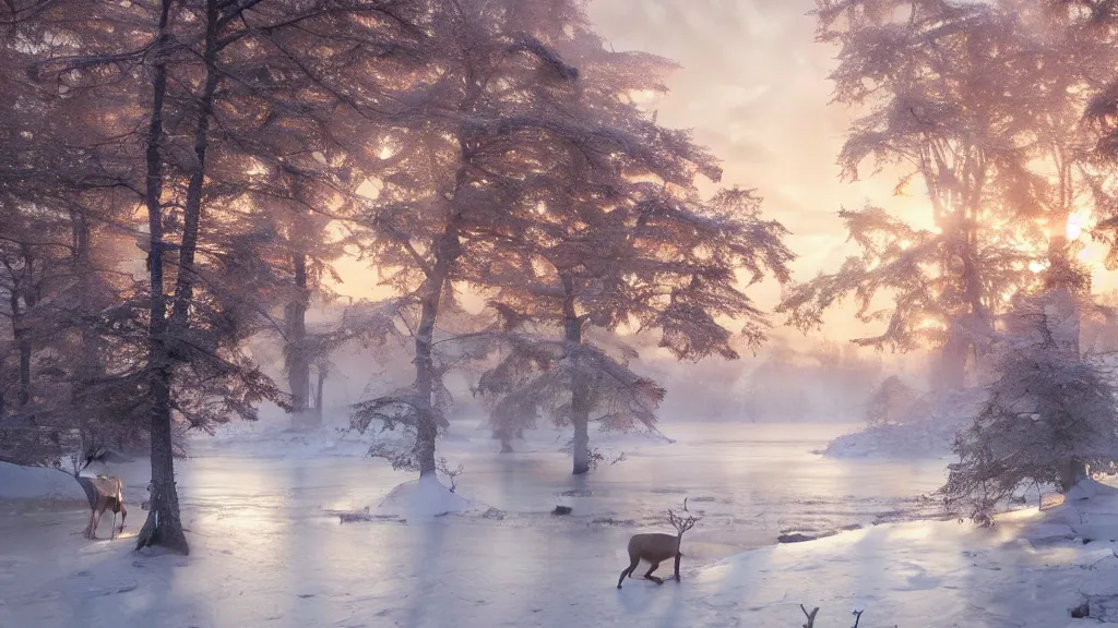 Image similar to the most beautiful panoramic landscape, oil painting, where a giant dreamy lake is frozen, the trees around have snow over their leafs, a majestic deer is exhaling steam and the ray lights of the sunrise are brightening him, by greg rutkowski