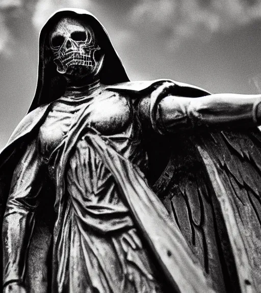 Prompt: mystical black death angel statue, film photo, grainy, high detail, high resolution