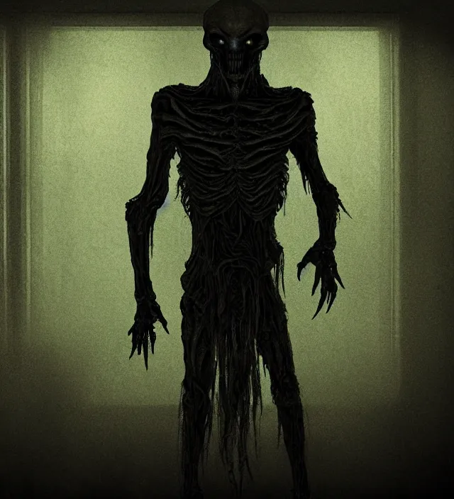 Prompt: a nightmare humanoid ghost monster alien standing in front of a window, volumetric lighting, in the style of stephen king, inspired by lovecraft, inspired by jeffrey smith