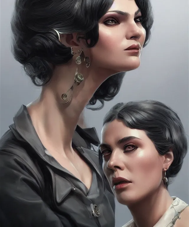 Image similar to Portrait of a female Mafia boss from 1960s, highly detailed, digital painting, artstation, concept art, smooth, sharp focus, illustration by Artgerm and Greg Rutkowski and Tom Bagshaw