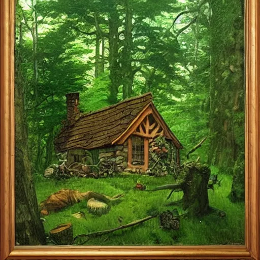 Prompt: witch cottage in the forest, lush forest art by norman rockwell, wide angle