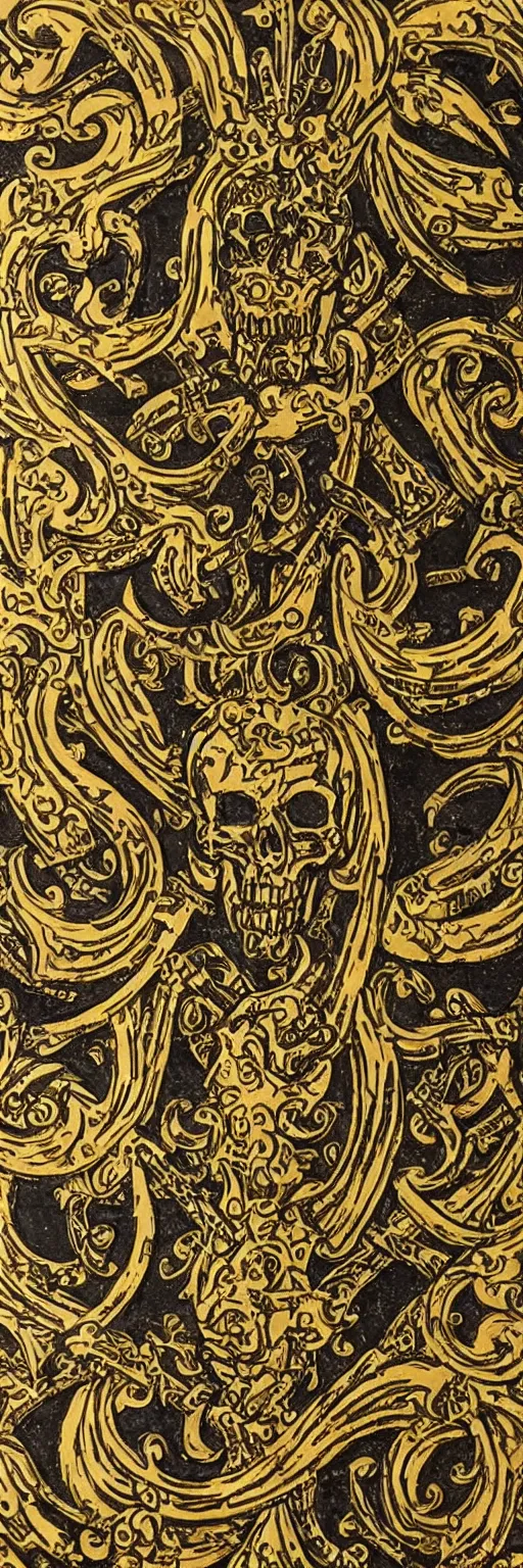 Prompt: magical medieval scroll containing myriad gold inlay symbols and sigils and one a single punisher skull emblem. detailed, high art, intricate, artisan