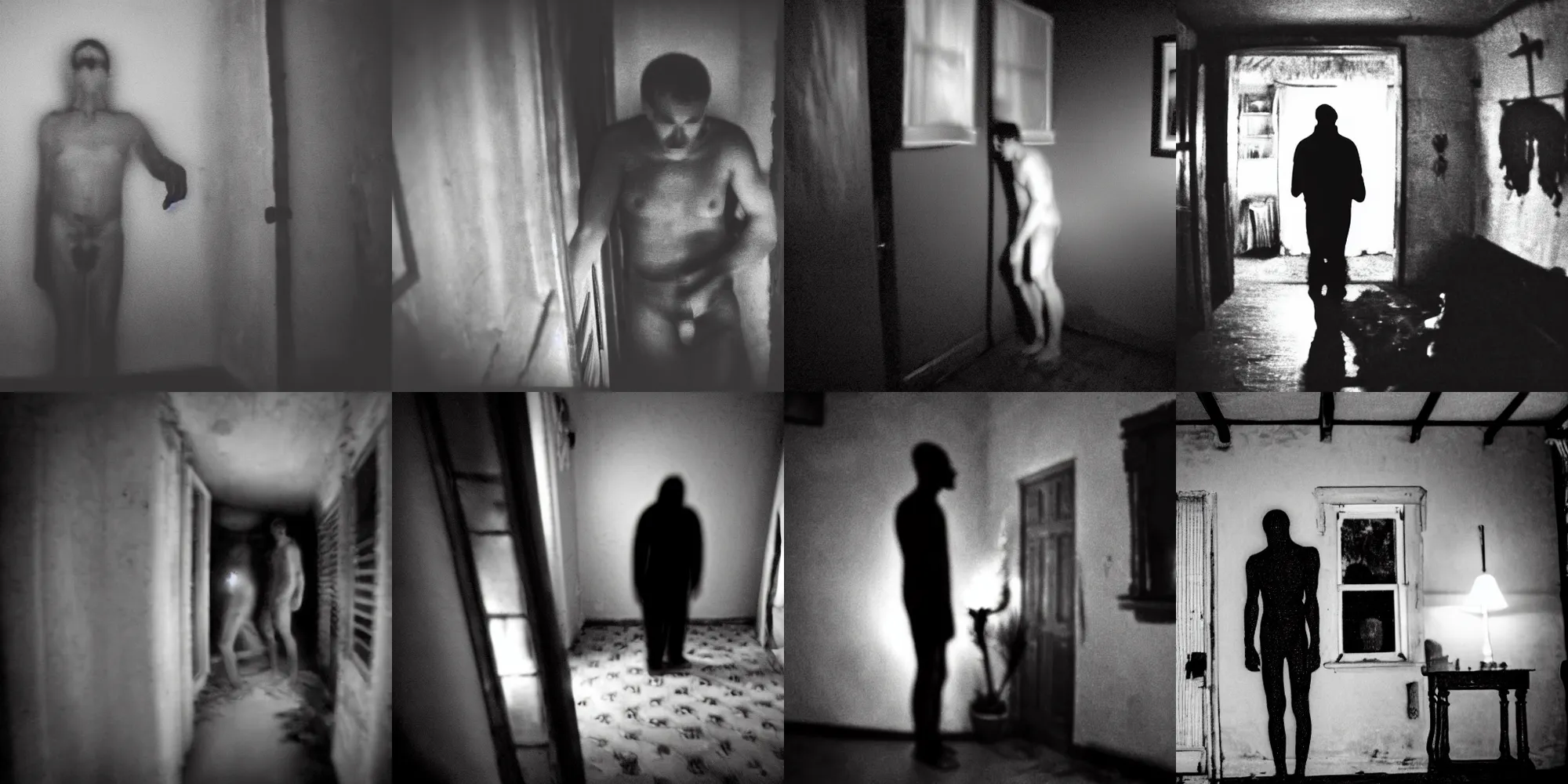 Prompt: bad quality blurry nightfootage nightcam black and white trailcam footage of native weird distorted Man male human body vampire at night in an old house, low resolution, compressed