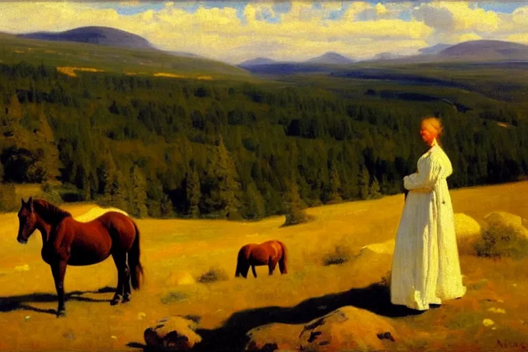 Prompt: scenic western mountain landscape with wild horses and a woman in a long white traditional dress, Anna Ancher & Peder Severin Krøyer, oil on canvas, beautifully daylight, artstation