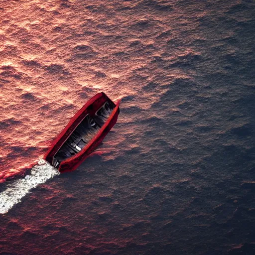 Image similar to a lonely boat floating in the turbulent red ocean, tsunami, fierce huge waves, dangerous depressing atmosphere, dark tone, illustration, aerial view, evil, artstation, octane render