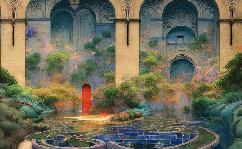 Image similar to tiled room squared waterway, aqueducts, fantasy. intricate, amazing composition, colorful watercolor, by ruan jia, by maxfield parrish, by marc simonetti, by hikari shimoda, by robert hubert, by zhang kechun, illustration, gloomy