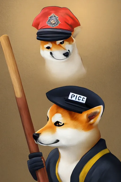 Image similar to shiba inu holding a baseball bat, wearing a police uniform on his bady, wearing a japanese traditional hat on his head, character design, highly detailed digital art, atmosphere, cinematic lightning, hyperrealistic, focused, extreme details, 4 k, ultra detailed, trending on artstation, masterpiece