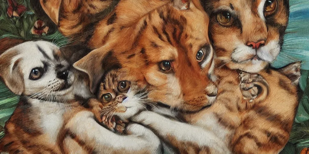 Prompt: detailed painting of cats and dogs in love