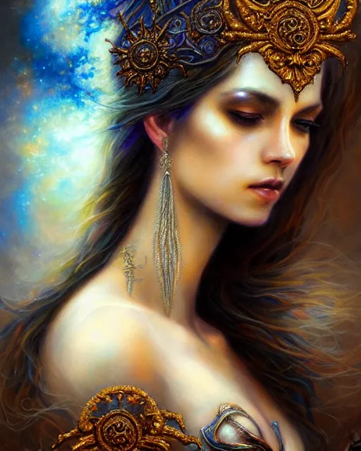 Image similar to portrait of a beautiful celestial goddess, unusual beauty, esoteric, muted celestial colors, head in focus, fantasy art, ornamental aesthetics intricate, elegant, highly detailed, hyperrealistic painting, artstation, concept art, painterly, sharp focus, iart by lois royo