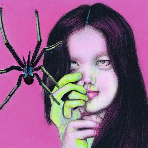 Image similar to a girl with a spider, xilography, bright pastel colors