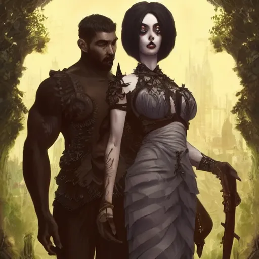 Image similar to a tall goth girl and a strong buff handsome man, family photo, cute, intricate, highly detailed, digital painting, artstation, concept art, smooth, sharp focus, illustration, unreal engine 5, 8 k, art by artgerm and greg rutkowski and alphonse mucha