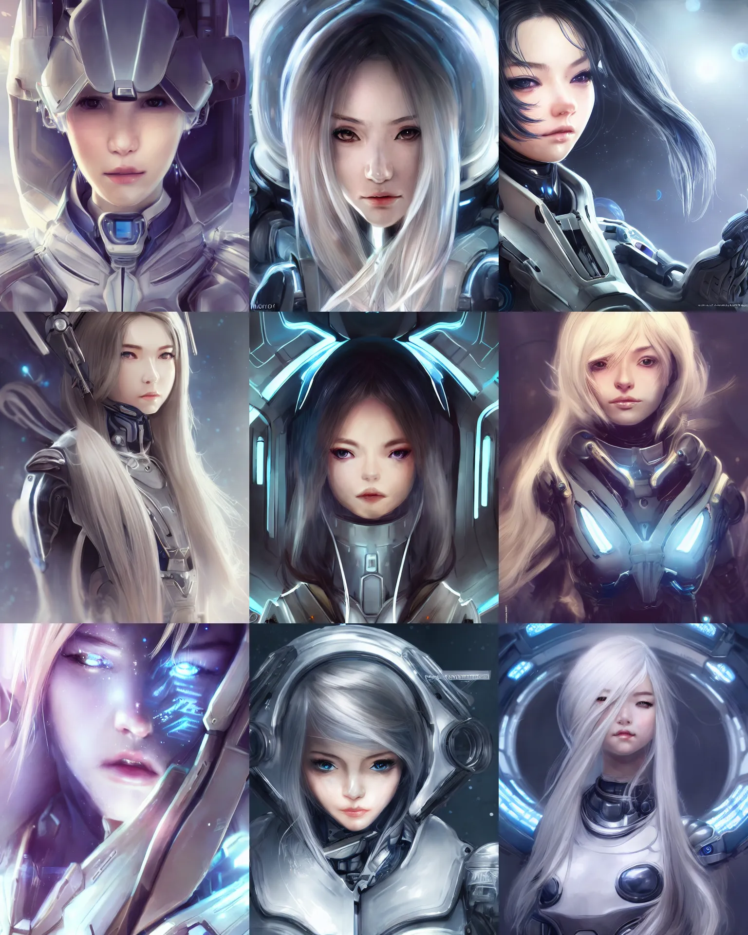 Image similar to detailed portrait of perfect android girl, warframe armor, beautiful face, scifi, futuristic, space station, laboratory, song hye - kyo, dreamy, long white hair, blue cyborg eyes, cinematic lighting, innocent, highly detailed, sharp focus, smooth, artstation, intricate, award winning, pure aura, divine, by akihiko yoshida