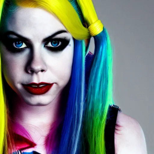 Image similar to an potrait of Avril Lavigne play Harley Quinn, 4k