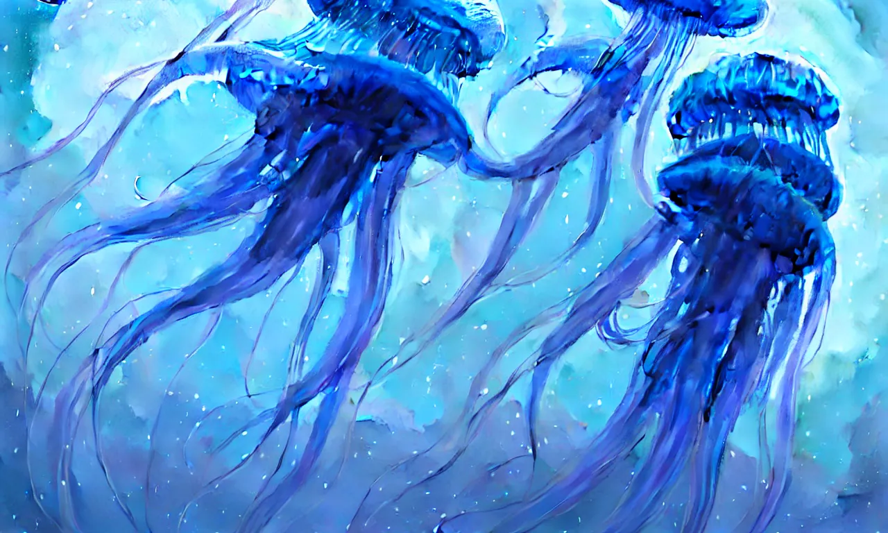 Image similar to detailed jellyfish in space, blue tones, underwater, full frame, highly detailed, digital painting, artstation, concept art, smooth, sharp focus, illustration, art greg rutkowski and alphonse mucha