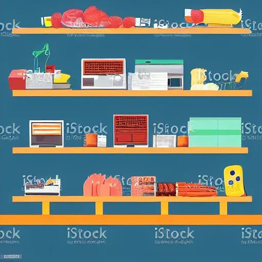 Image similar to cash register in front of a wall of electrical supplies and and food vector art