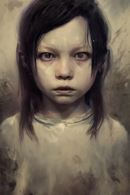 Image similar to a fancy portrait of a scary child by Greg Rutkowski, Sung Choi, Mitchell Mohrhauser, Maciej Kuciara, Johnson Ting, Maxim Verehin, Peter Konig, final fantasy , mythical, 8k photorealistic, cinematic lighting, HD, high details, atmospheric,