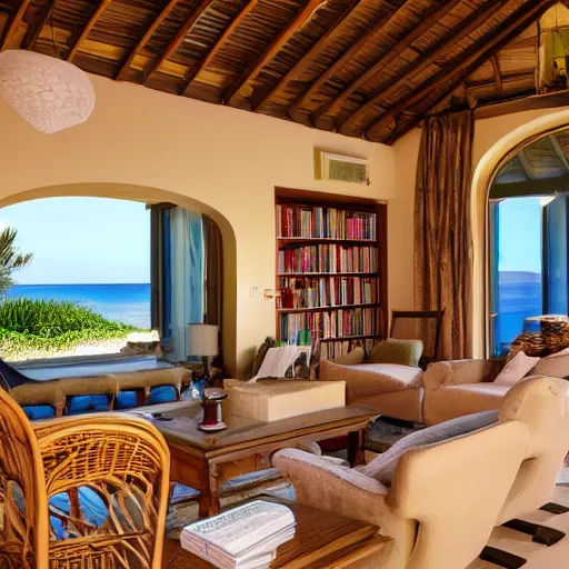 Prompt: expensive villa interior nearby a beach with books everywhere, cosy atmosphere, beautiful lighting