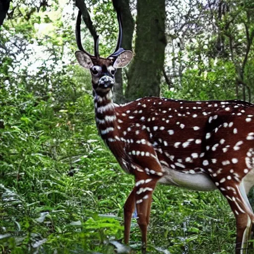 Image similar to a beautiful spotted deer in the woods, rocket launchers on the deers back