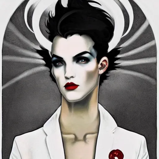 Image similar to stunning portrait of androgynous ruby rose as desire from sandman in a white tuxedo!!!, rockabilly style,, by alphonse mucha, by jeremy mann, by peter lindbergh, dave mckean, by frank moth, white suit and black tie, soft lightning, high detailed, 8 k