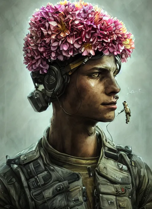 Image similar to handmade character portrait of an american soldier covered in amaratyllis, hydrangea, chrysanthemum and hyacinth, in the style of artgerm and enki bilal and bastien lecouffe - deharme, wlop, line art, watercolor, cinematic lighting, hyperdetailed, hyperrealistic