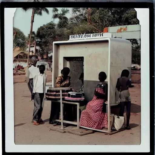 Prompt: old polaroids of futuristic african bus stops with informal sellers and digital screens, women selling fruit