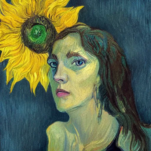 Image similar to giant sunflower head, woman in an apartment, surreal, dramatic light, impressionist painting, digital painting, artstation, van gogh