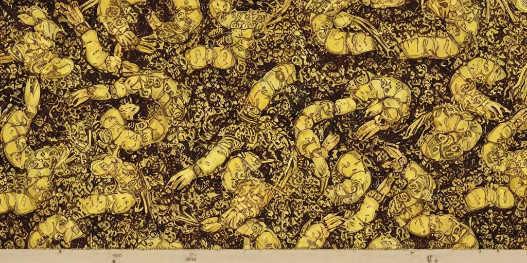 Prompt: versace gucci textile print design detailed intricate gold shrimp