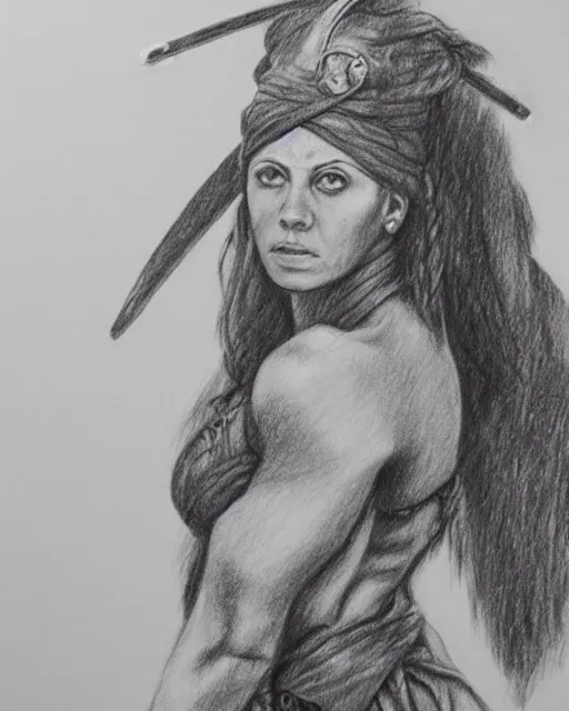 Image similar to A beautiful woman warrior, faded background of a pirate ship at a deserted island, realism pencil drawing on white paper, bald lines