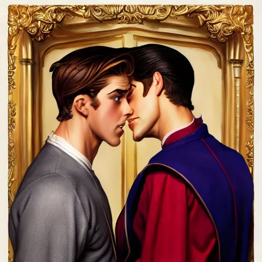 Image similar to attractive fully clothed king confesses his love for his attractive fully clothed male prince. highly detailed painting by glen keane and j. c. leyendecker 8 k