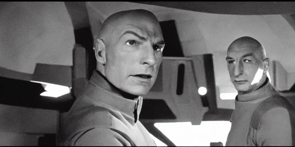 Prompt: young Jean-Luc Picard as a spaceship captain in stars without number sitting in the bridge of his spaceship, outside the front window is an enemy star fighter