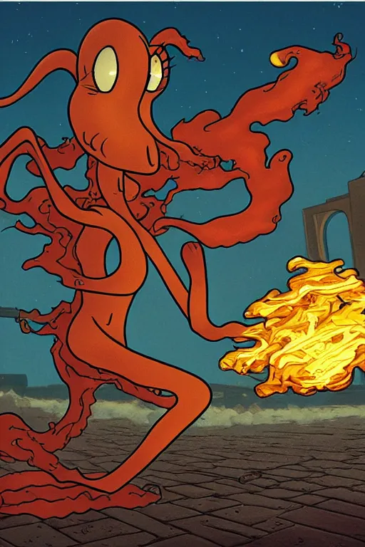Prompt: squidward firebending outside at susnset, art by moebius, ultra detailed
