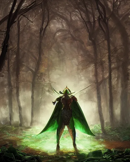 Image similar to Armadillo warrior, green cape , forest background, magic the gathering artwork, D&D, fantasy, cinematic lighting, centered, symmetrical, highly detailed, digital painting, artstation, concept art, smooth, sharp focus, illustration, volumetric lighting, epic Composition, 8k, art by Akihiko Yoshida and Greg Rutkowski and Craig Mullins, oil painting, cgsociety