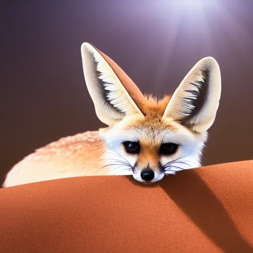 Image similar to a close up, studio colour photograph of a fennec fox wearing a santa hat, dramatic backlighting at golden hour, 4k