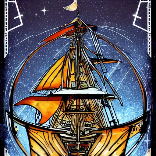 Image similar to pirate ship in space, style of hydro74, flat art, line, symmetric fractal