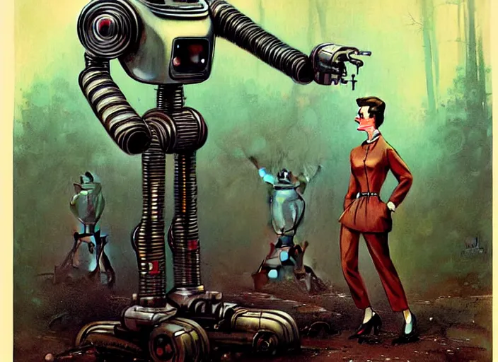Image similar to 1 9 5 0 s retro - future robot android, forrest in background, muted colors, by jean baptiste monge, chrome red
