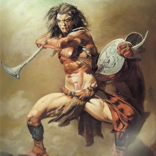 Image similar to by Frank Frazetta style, barbarian with extraordinary muscle structure with long sword, wide view, deep depth of field, denoise