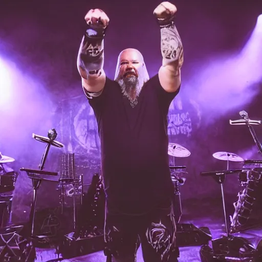 Prompt: Tomas Haake playing heavy metal drums with 6 arms