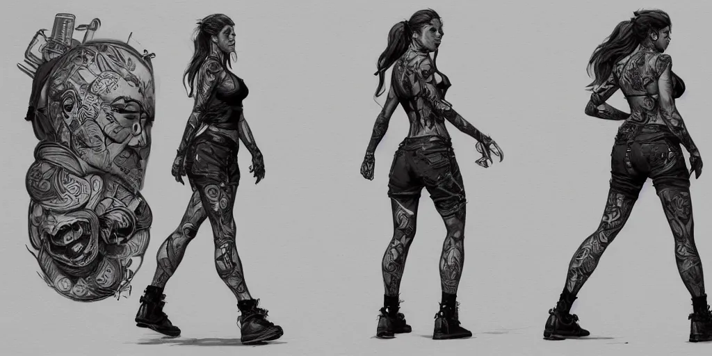 Image similar to tattooed woman walking cycle, character sheet, fine details, concept design, contrast, brigitte bardot, kim jung gi, greg rutkowski, trending on artstation, 8 k, full body, turnaround, front view, back view, ultra wide angle