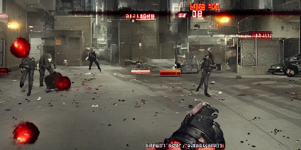 Image similar to 1991 Video Game Screenshot, Anime Neo-tokyo Cyborg bank robbers vs police, Set in Bank Vault Room, bags of money, Multiplayer set-piece, Police officers hit by bullets :9, Police Calling for back up, Bullet Holes and Blood Splatter, :3 ,Hostages, Smoke Grenades, Large Caliber Sniper Fire, Chaos, Cyberpunk, Money, Anime Bullet VFX, Machine Gun Fire, Violent Gun Action, Shootout :5 , Highly Detailed, 8k :4 by Katsuhiro Otomo + Studio Gainax : 8