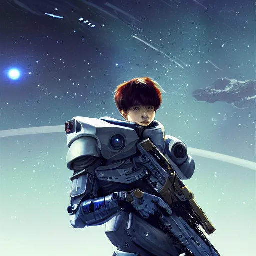 Image similar to award winning, extremely photorealistic, bokeh, beautiful detail, stars in the sky, cybernetic, sci-fi space game art, jeon Jungkook holding a gun. alien planet art by Akihito Yoshitomi AND Yoji Shinkawa AND Greg Rutkowski, Mark Arian trending on artstation