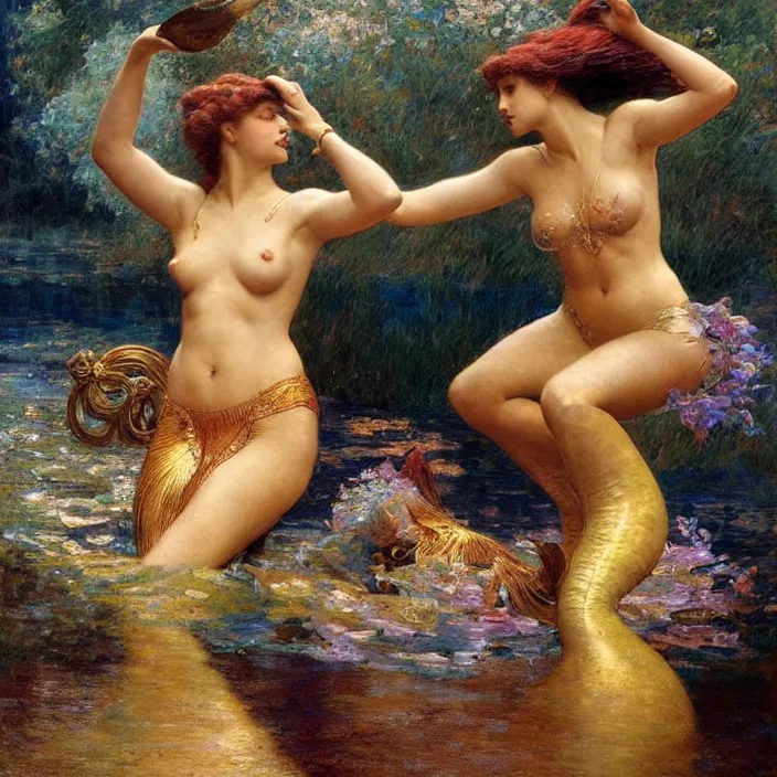 Prompt: beautiful portrait of mermaids wrestling, hard lighting, graceful, full body, warm lighting, painting by gaston bussiere, craig mullins, j. c. leyendecker, lights, art by ernst haeckel, john william godward, hammershøi