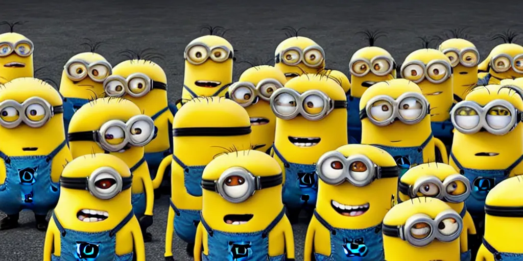 Image similar to an army of minions from despicable me with their head replaced with walter white
