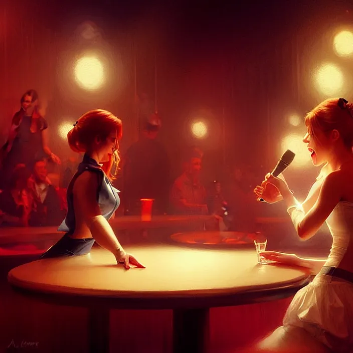 Image similar to waitress singing on a table in a nightclub, elegant, real life skin, intricate artwork, high detailed, artstation, concept art, smooth, sharp focus, art by artgerm and greg rutkowski