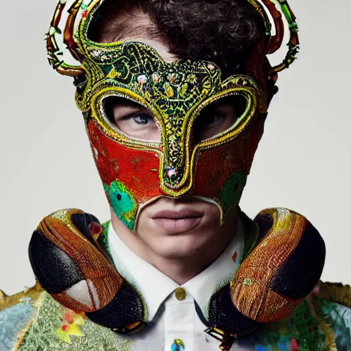 Image similar to a young athletic slim beautiful latin prince wears a mask decorated with intricate small colorful beetles made of organza, designed by alexander mcqueen, photographed by erwin olaf for an expensive fashion magazine