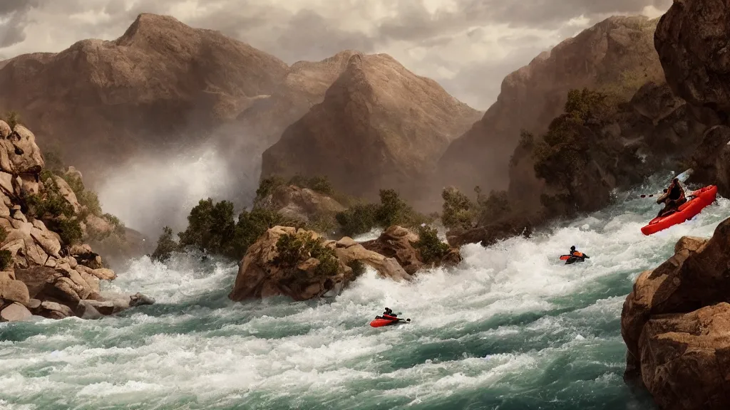 Image similar to a pair of kayakers shoot the rapids in the Colorado river, crashing waves, matte painting, wide shot, photorealistic, 4k