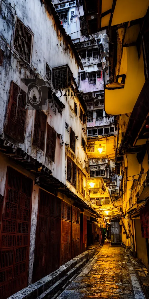 Image similar to an interior view of an old walled city in Hong Kong, colorful, dated and old, dark moody lighting, very detailed, photoreal, 8k, canon 20mm lens