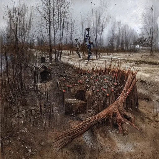 Image similar to painting by jakub rozalski of an abandoned post soviet town infested with root monsters