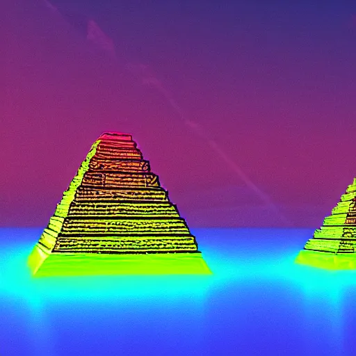 Prompt: neon mayan pyramids viewed from a lake,retrowave art,cyberpunk,trending on deviant art