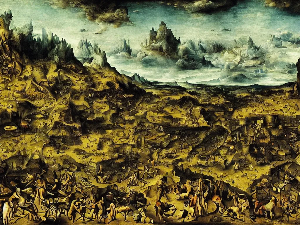 Prompt: Apocalypse by fractals in the shadowy land. Painting by Bruegel