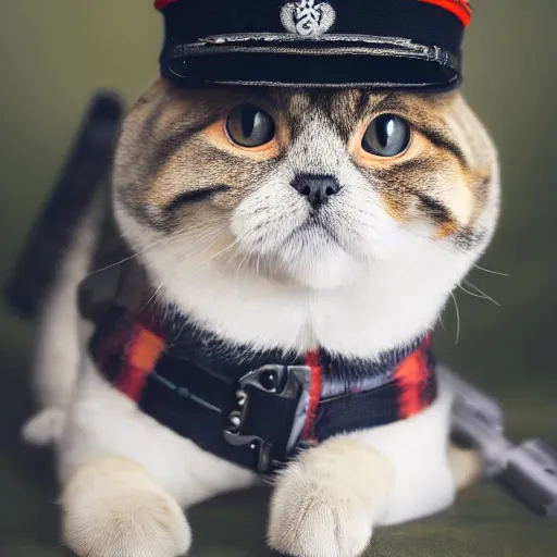 Prompt: portrait photo of a soldier scottish fold, highly detailed, high resolution, cosplay photo, stunning, bokeh soft, by professional photographer, military clothing, shot with a canon